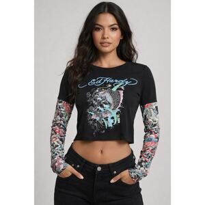 Ed Hardy Crop Top Women’s Large Black Tattoo Graphic Semi-Sheer Sleeves Y2K
